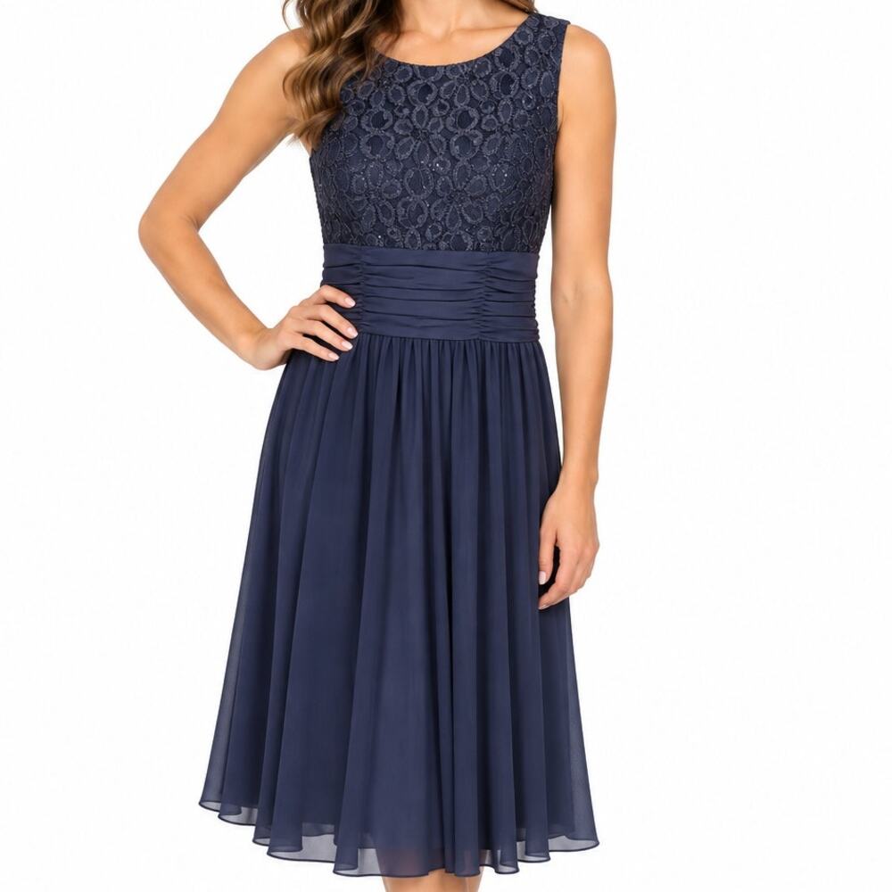 Jessica Howard Navy Fit N Flare Dress Sz 4 Lined Floral Lace Overlay